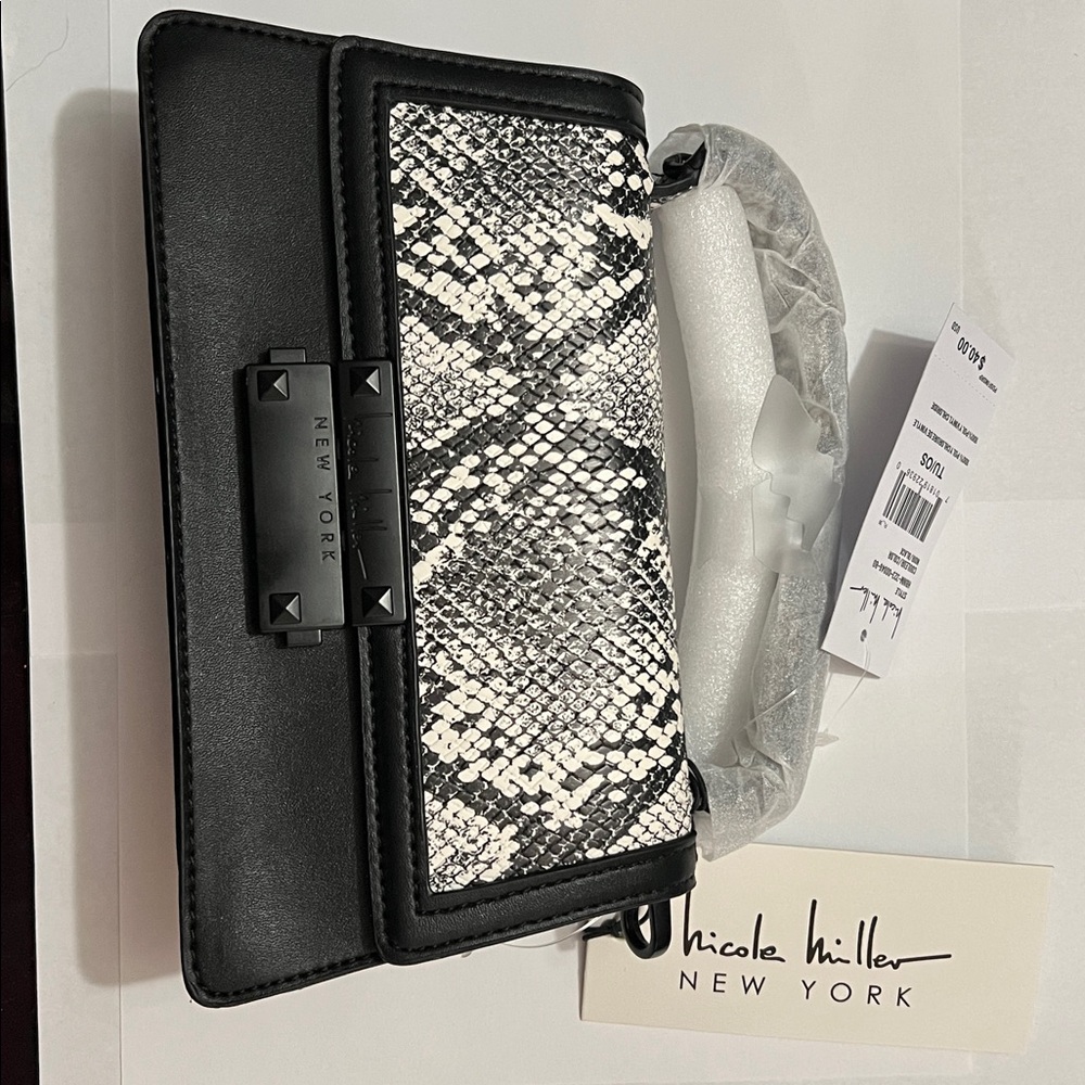 Nicole Miller Black and White Snake Pattern Clutch